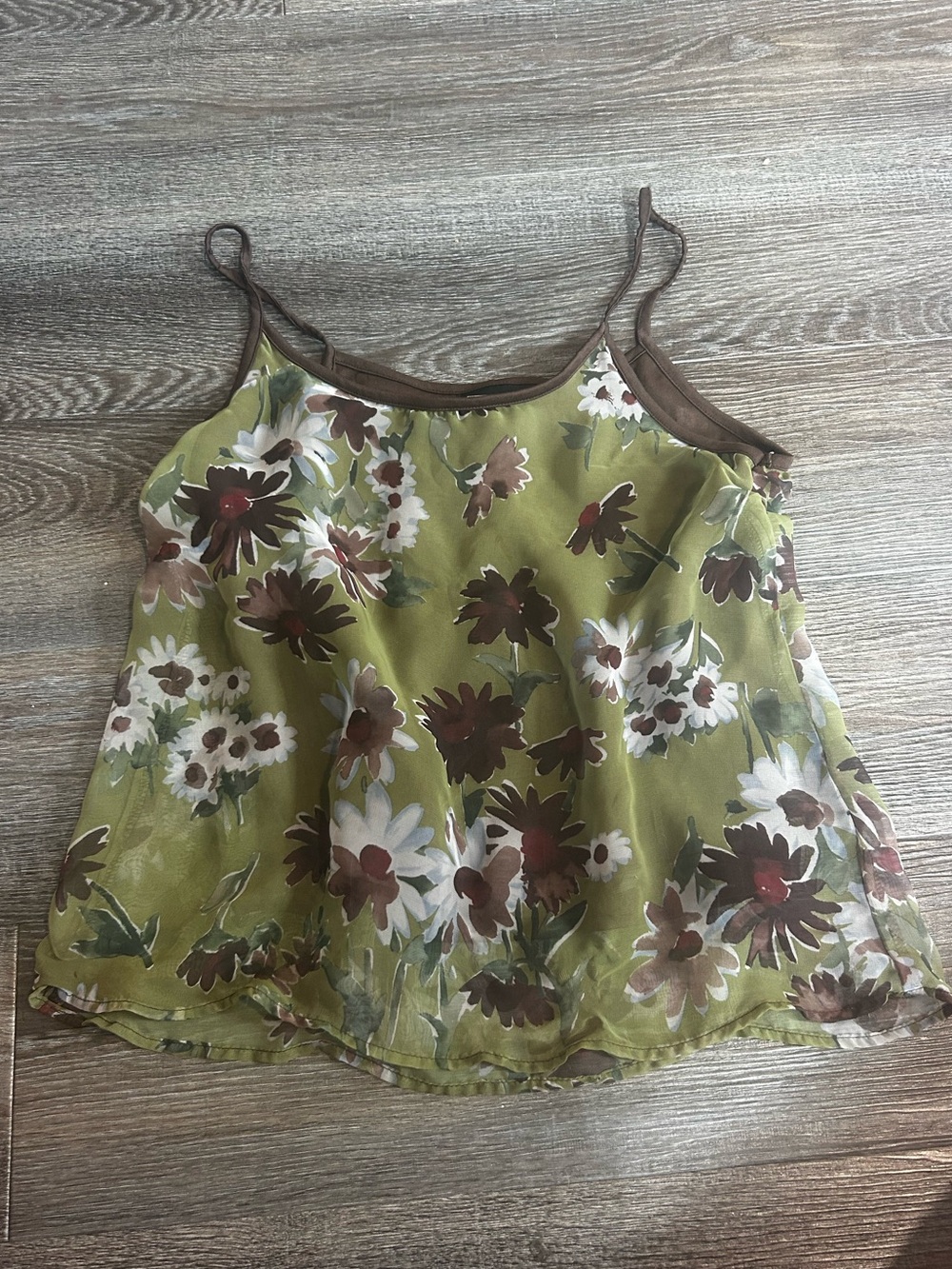 Floral Olive Green Spaghetti-Strap Cami with Brown Trim